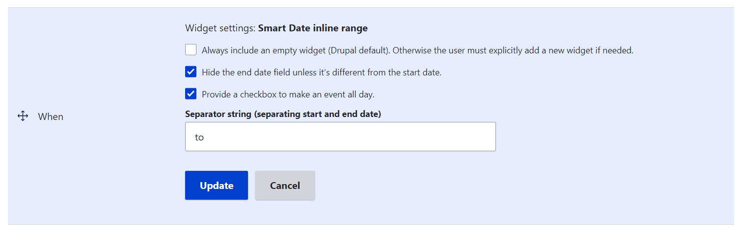 The settings for the “Smart Date inline range” widget on the “Manage form display” tab.