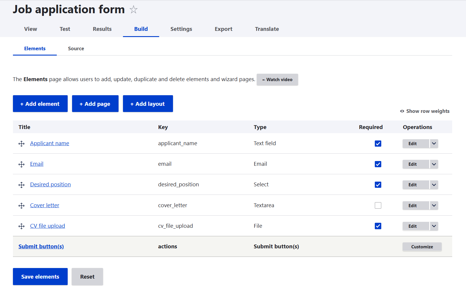 Settings for a job application form in Drupal’s Webform
