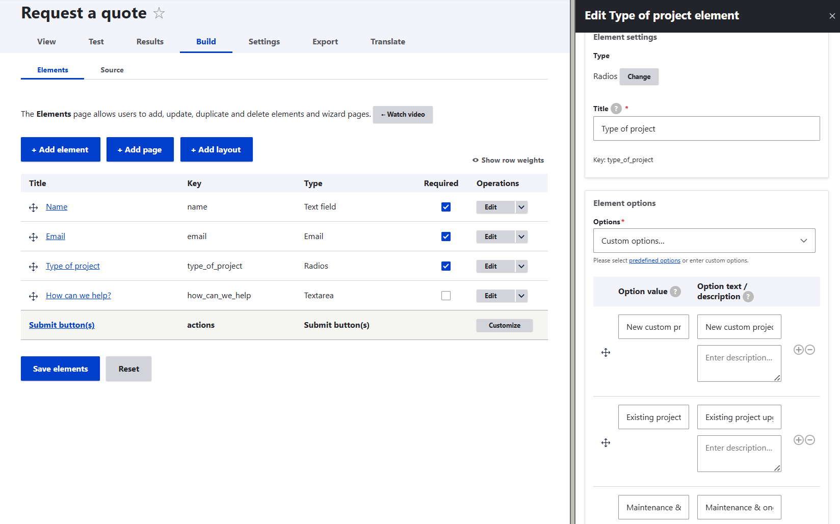 Settings for a request a quote form in Drupal’s Webform