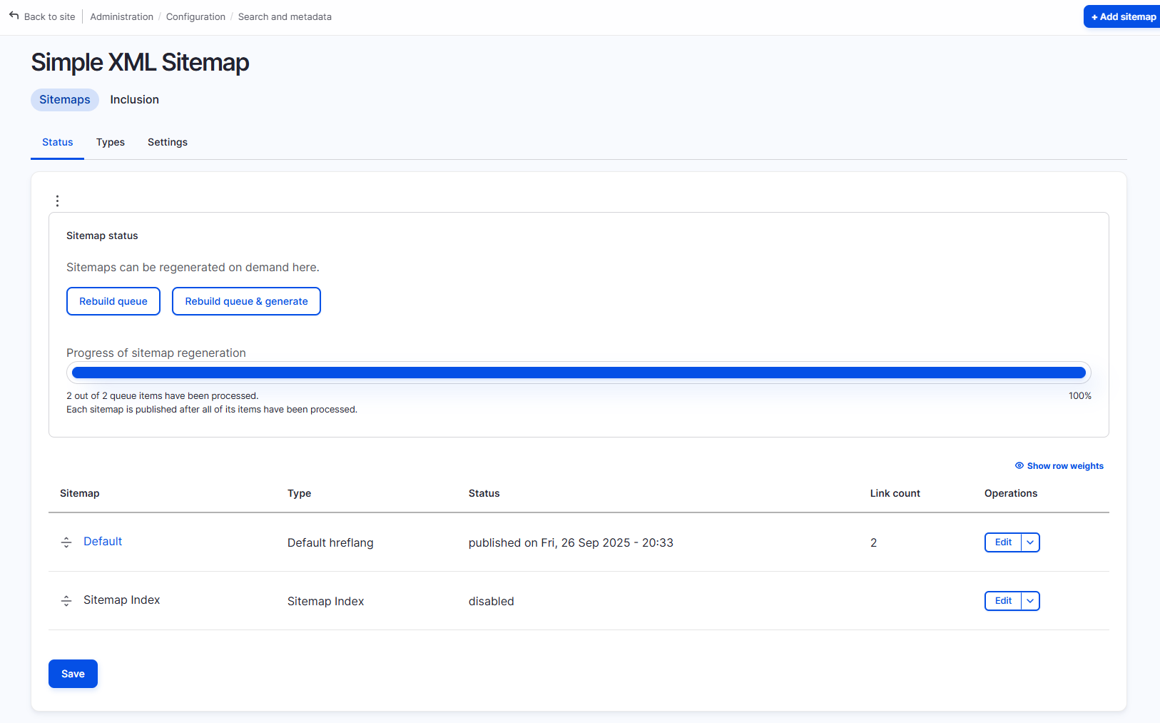 The settings for Simple XML Sitemap as part of the SEO Tools recipe