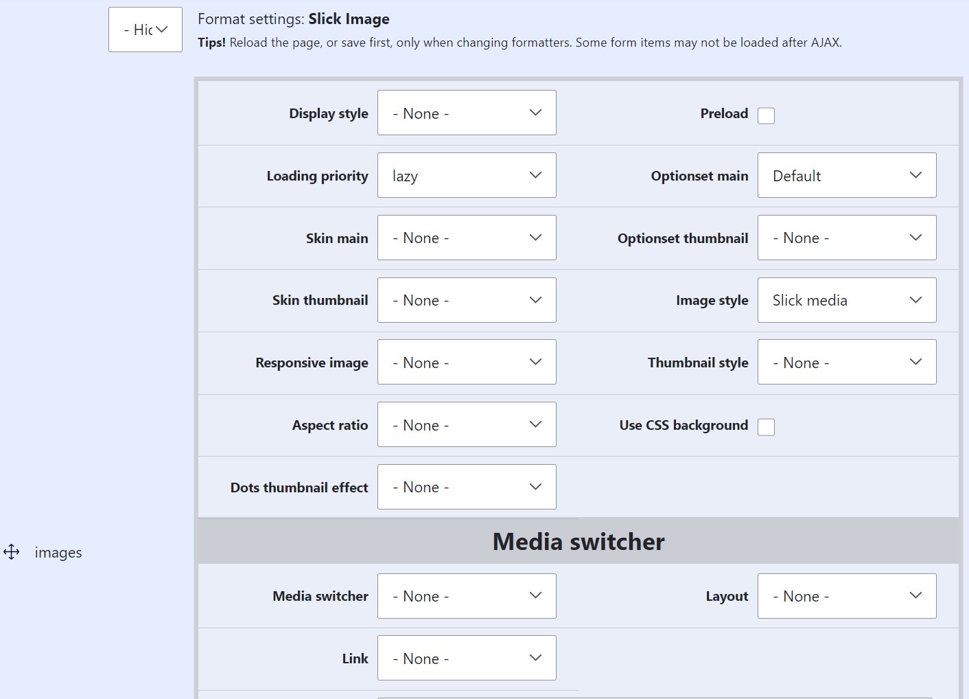 The settings for the “Slick image” field formatter provided by the Slick Carousel module.