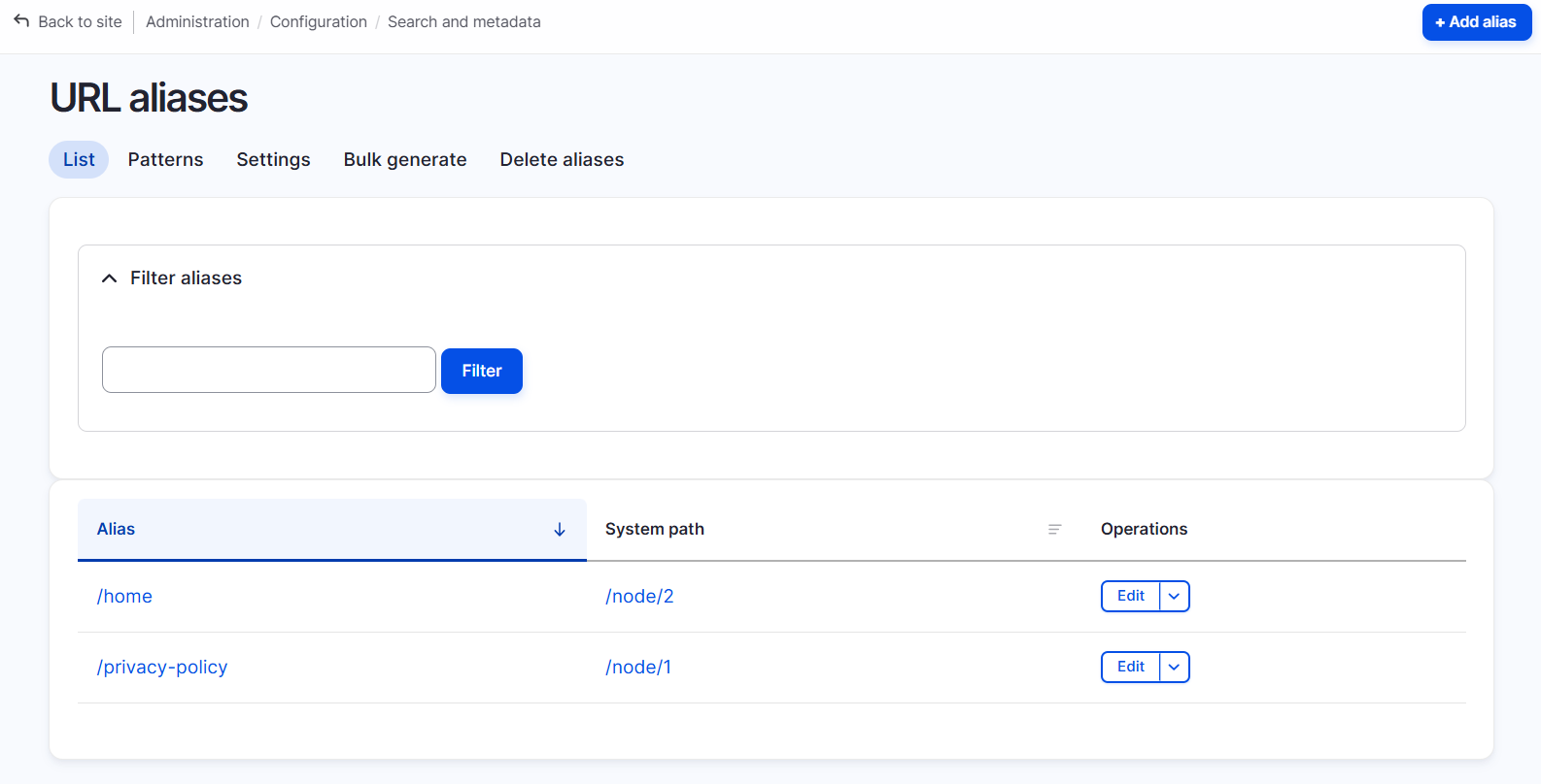 The settings for URL aliases as part of the SEO Tools recipe