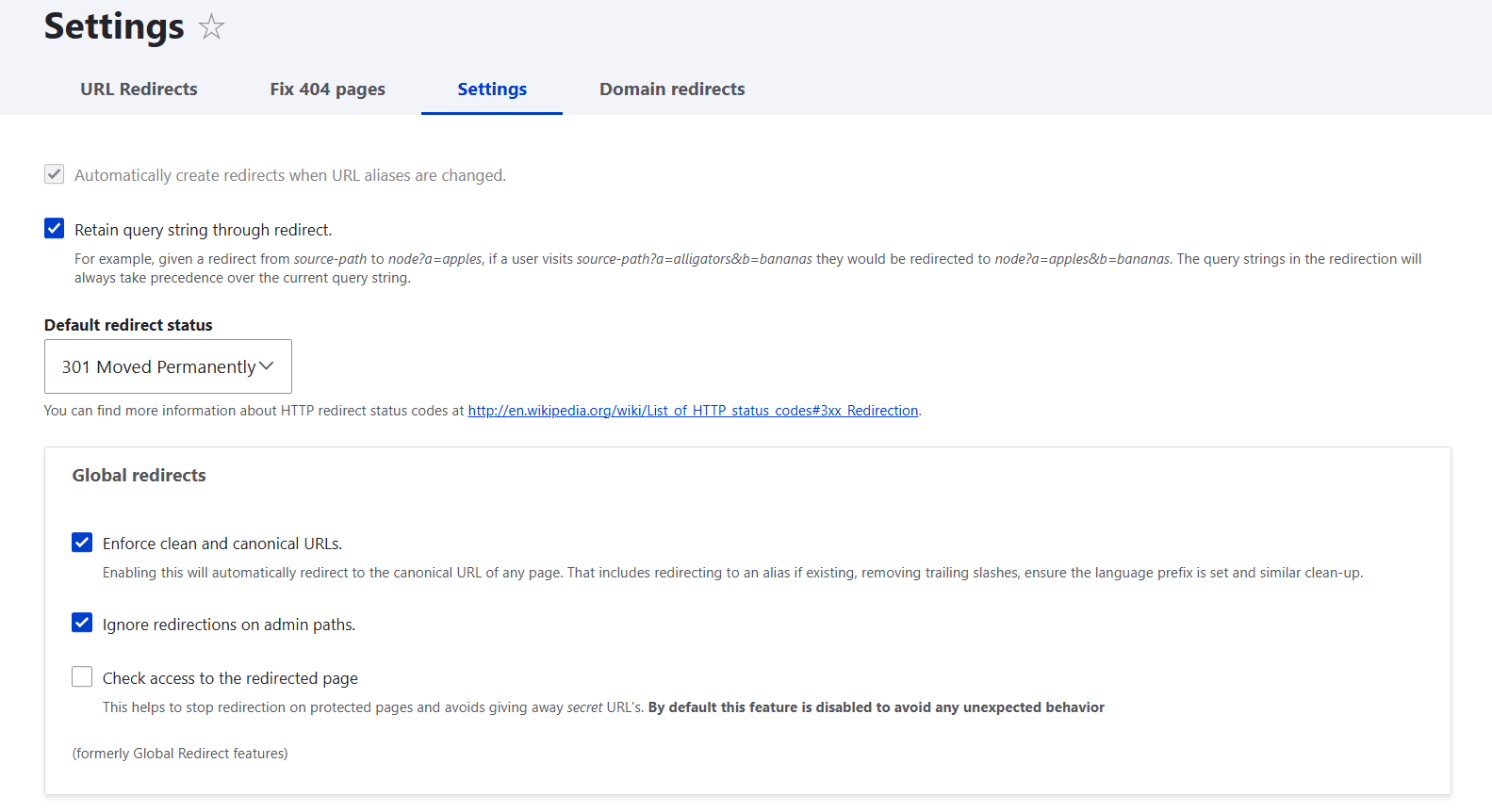 Settings for URL redirects to the canonical pages in Drupal