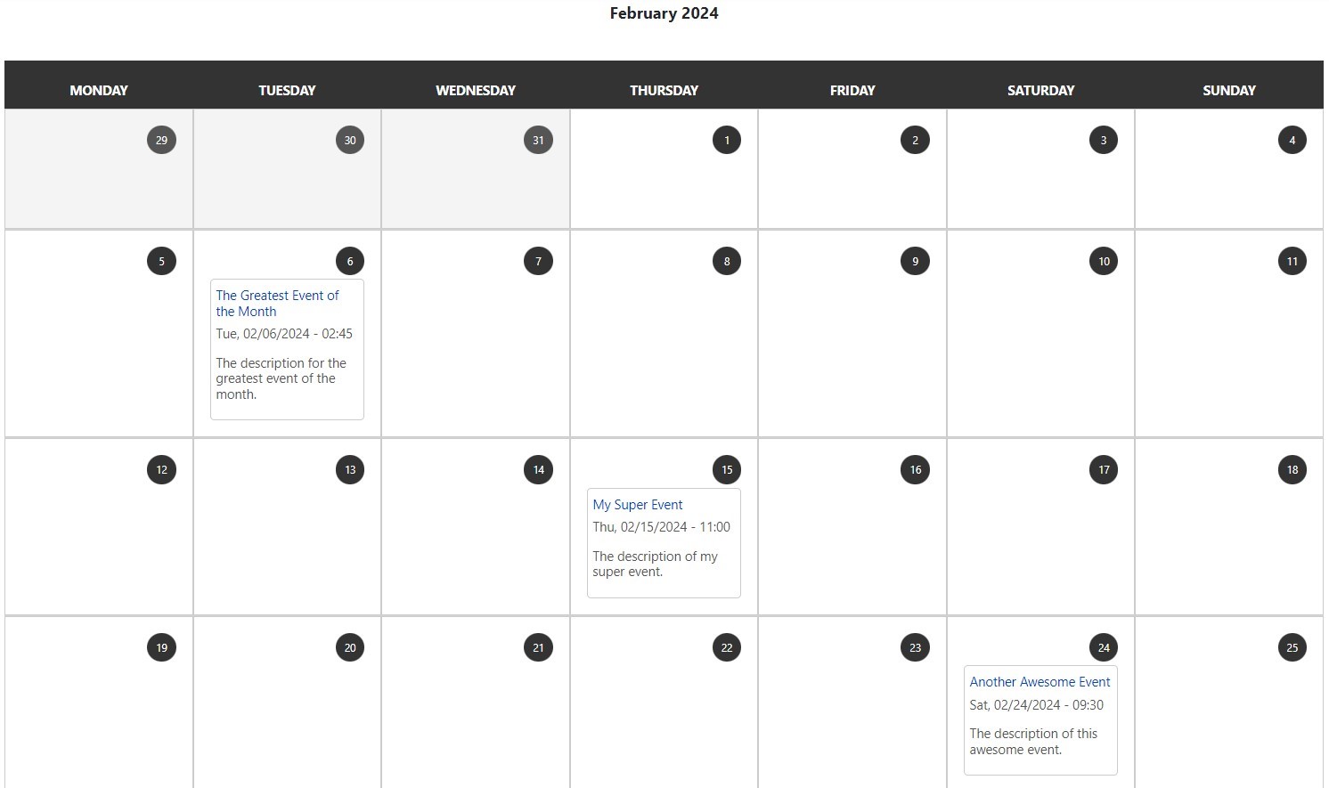 A simple calendar example created with the Calendar View module.