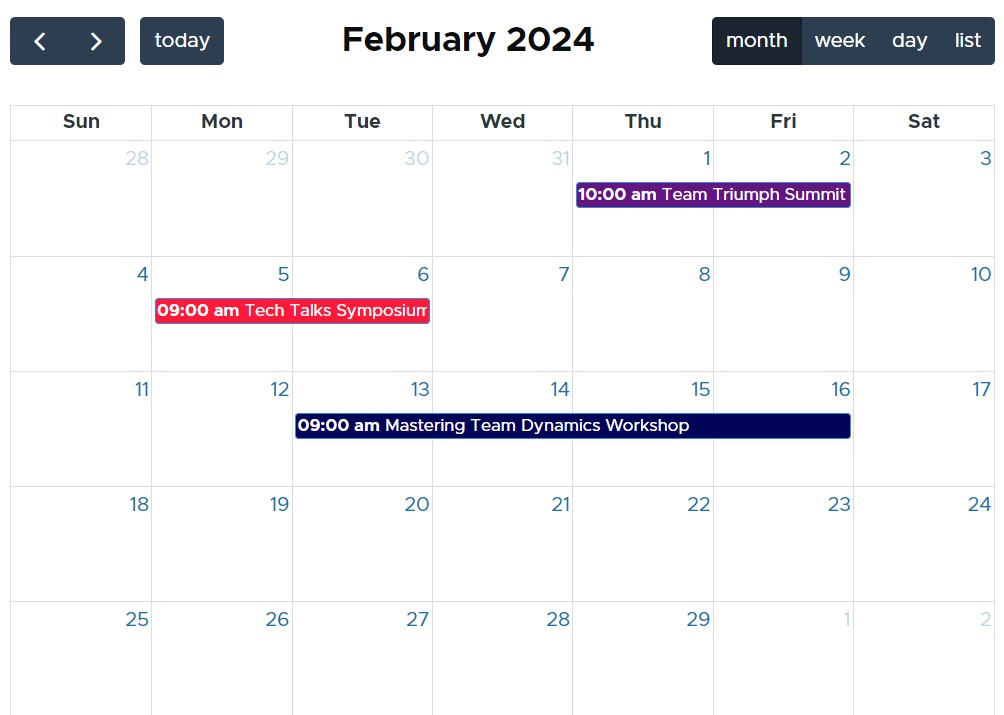 A simple calendar example created with the Fullcalendar View module.