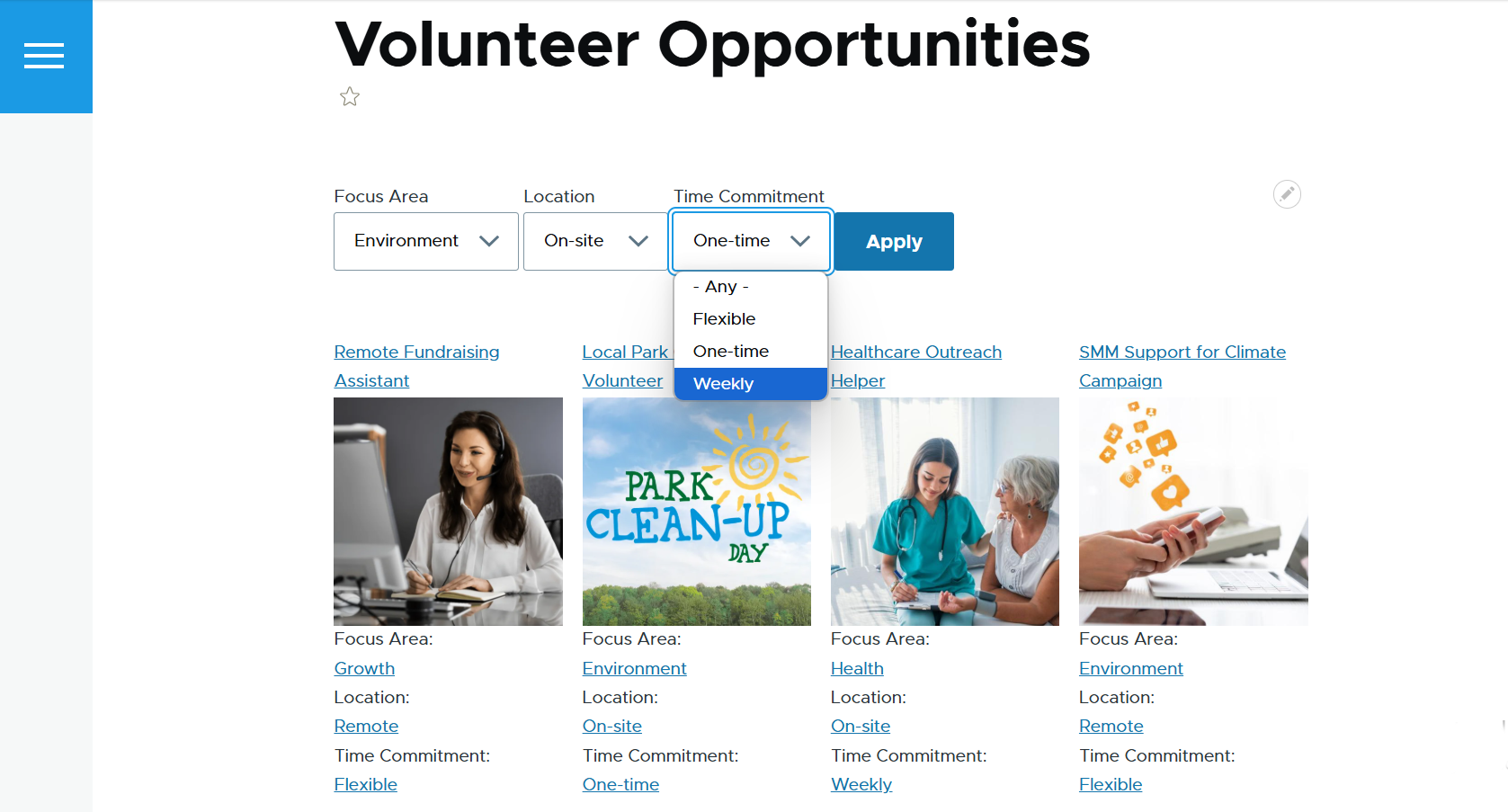 A simple example of a collection of volunteer opportunities with filters by various criteria