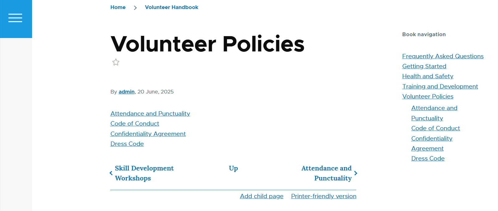 A simple example of a hierarchical Volunteer Handbook organized with the Book module