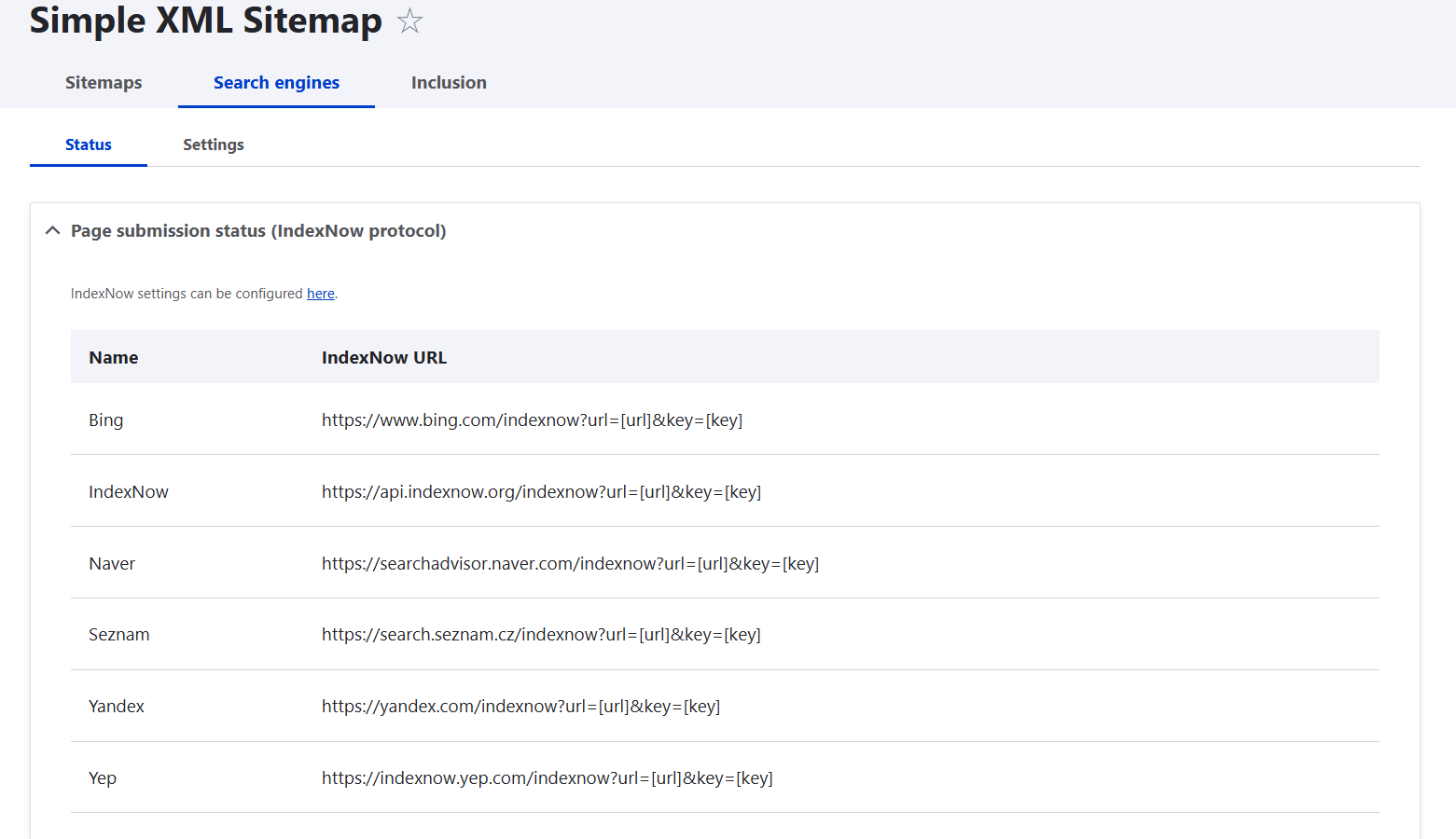 Simple XML sitemap module for Drupal: the tab with the list of search engines