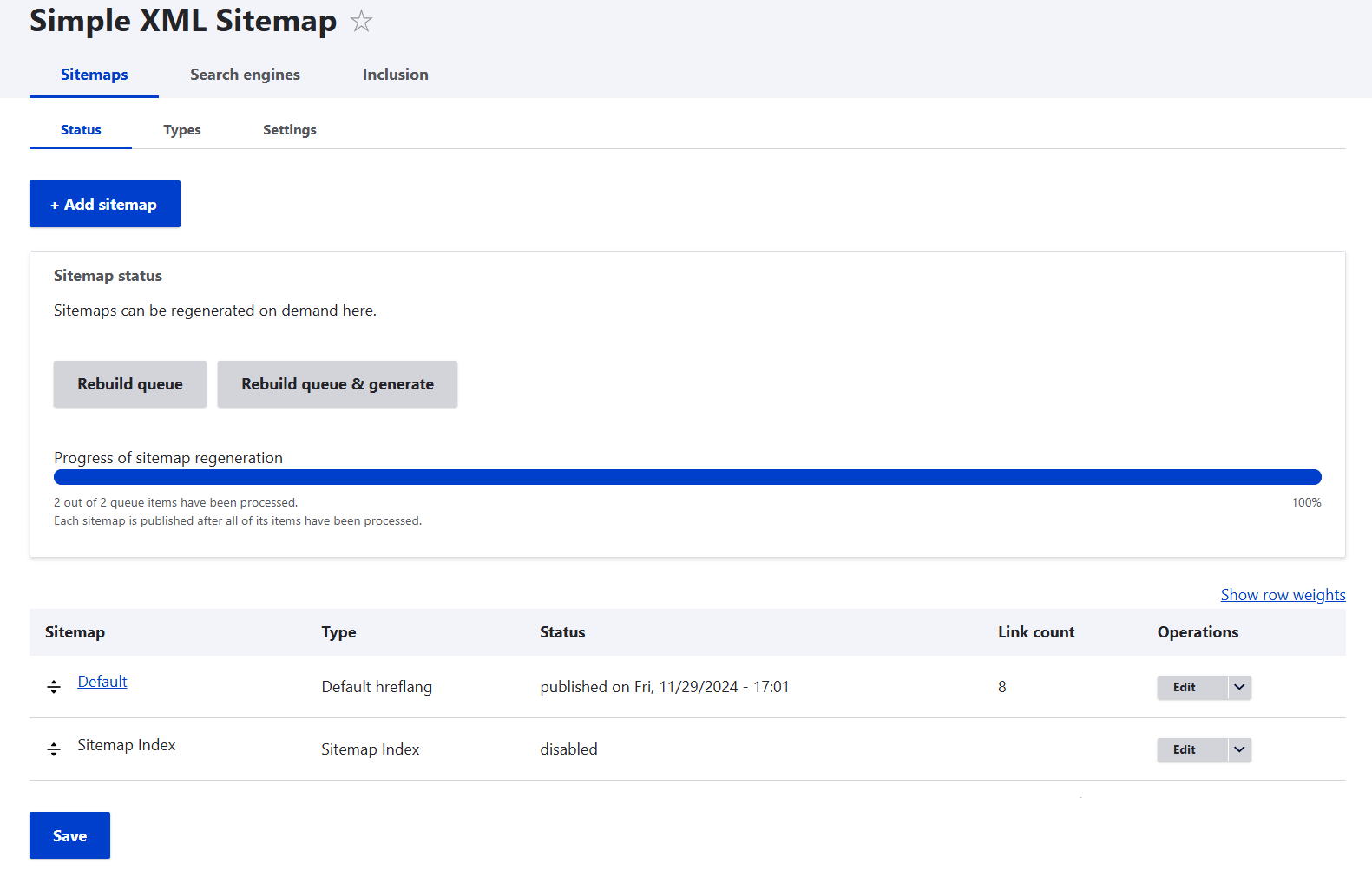The Simple XML sitemap module in Drupal: main settings page