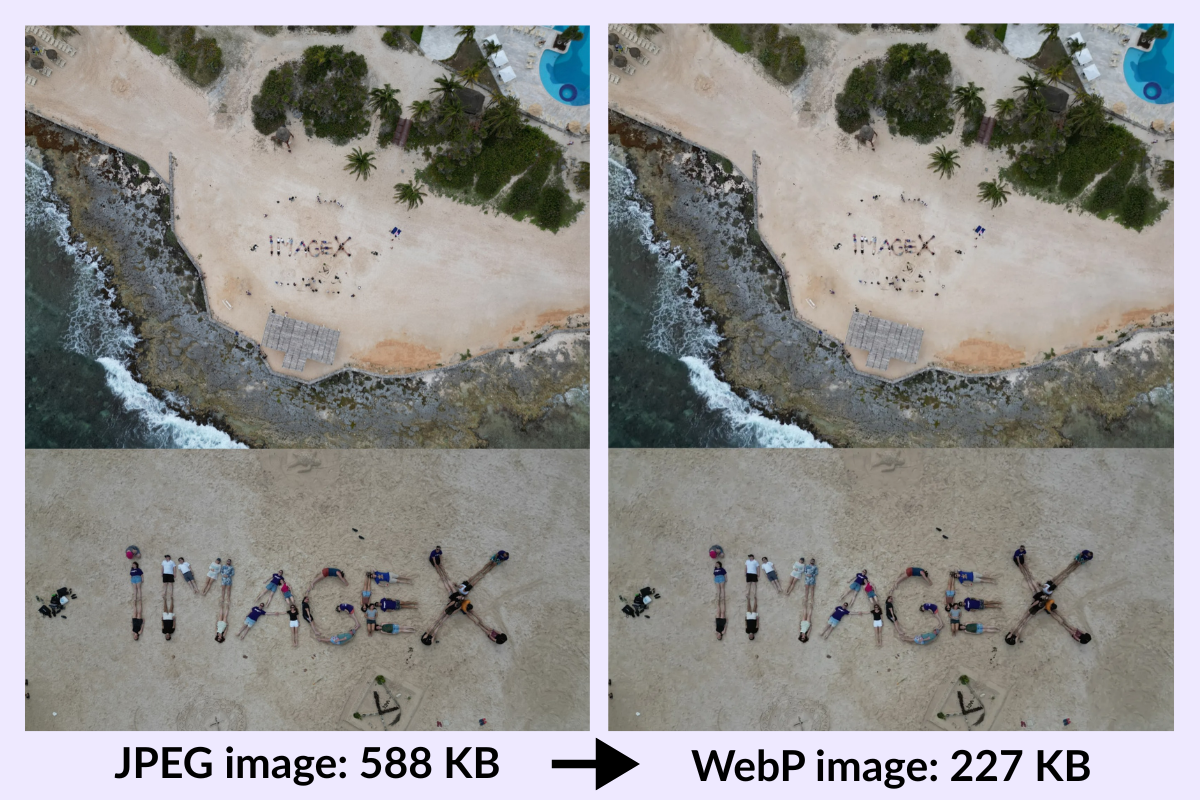 Size comparison for an image converted from JPEG to WebP via Drupal core’s Image Styles