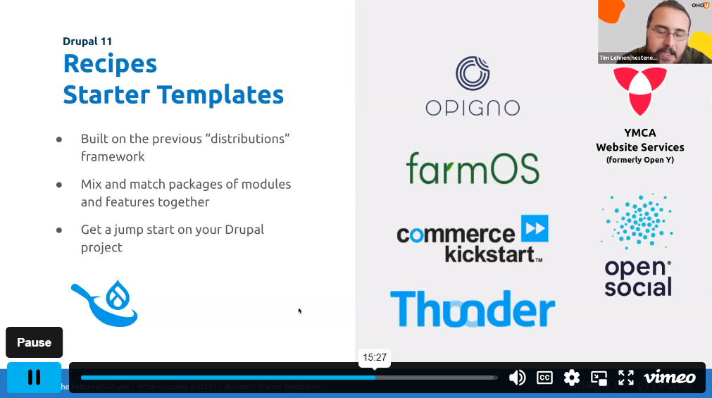 A slide about Drupal’s Recipes (starter templates) from the OHO online conference.