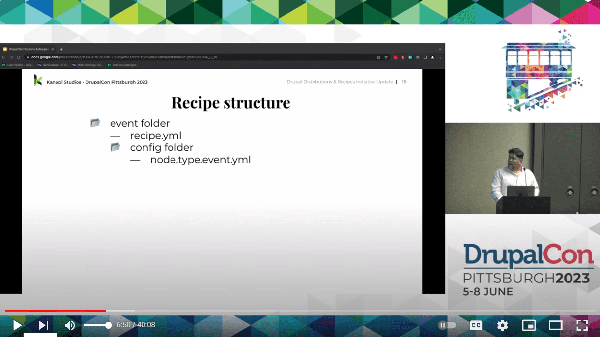 A slide by Jim Birch about the folder structure of Drupal Recipes.