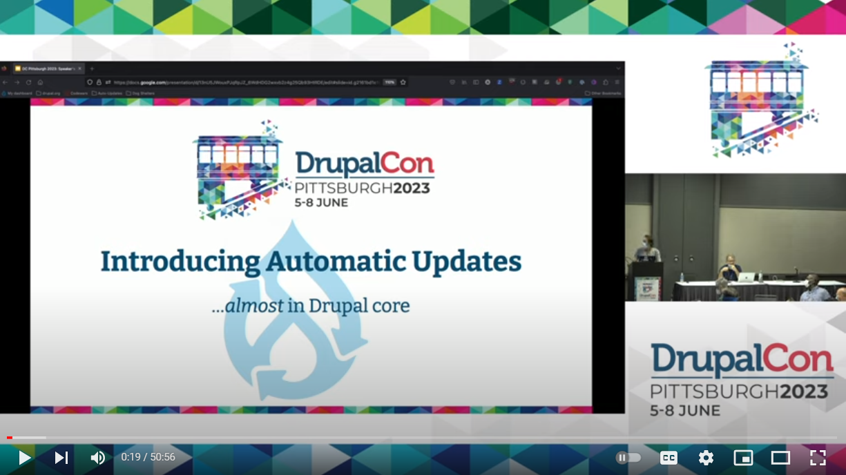 A slide at DrupalCon Pittsburgh 2023 about Automatic Updates being almost in the Drupal core