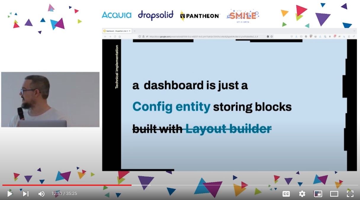 A slide explaining that a dashboard is a config entity with blocks that can be built with not only with Layout Builder but with other page building tools.