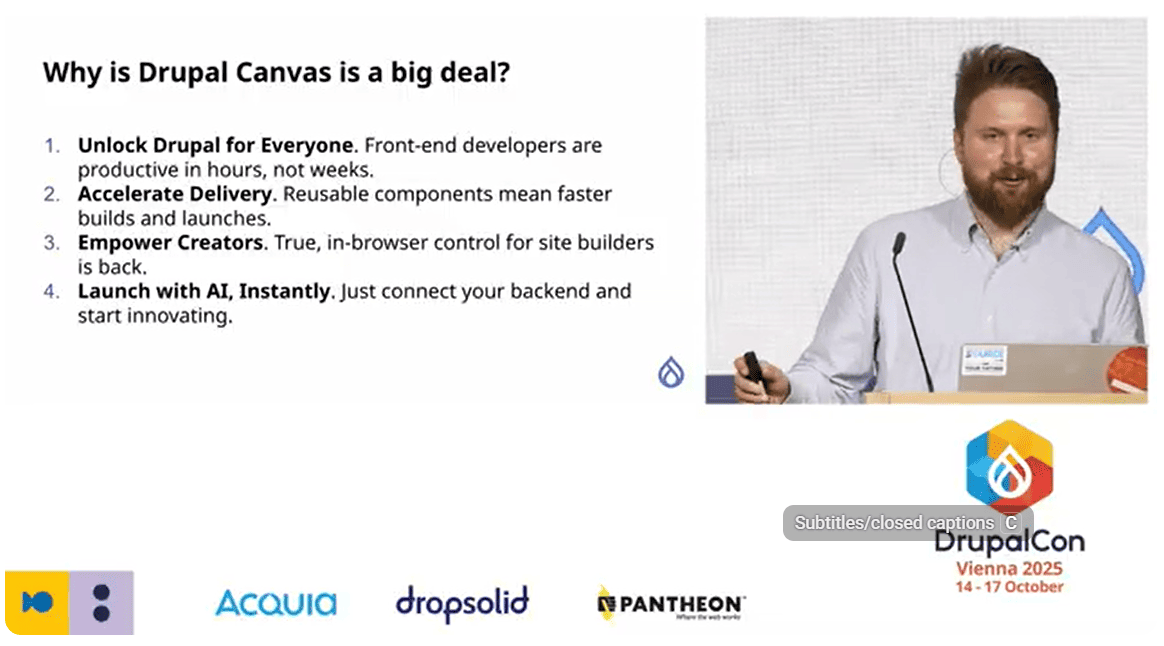 A slide from Lauri Timmanee’s and Bálint Kléri’s session about the role of Drupal Canvas