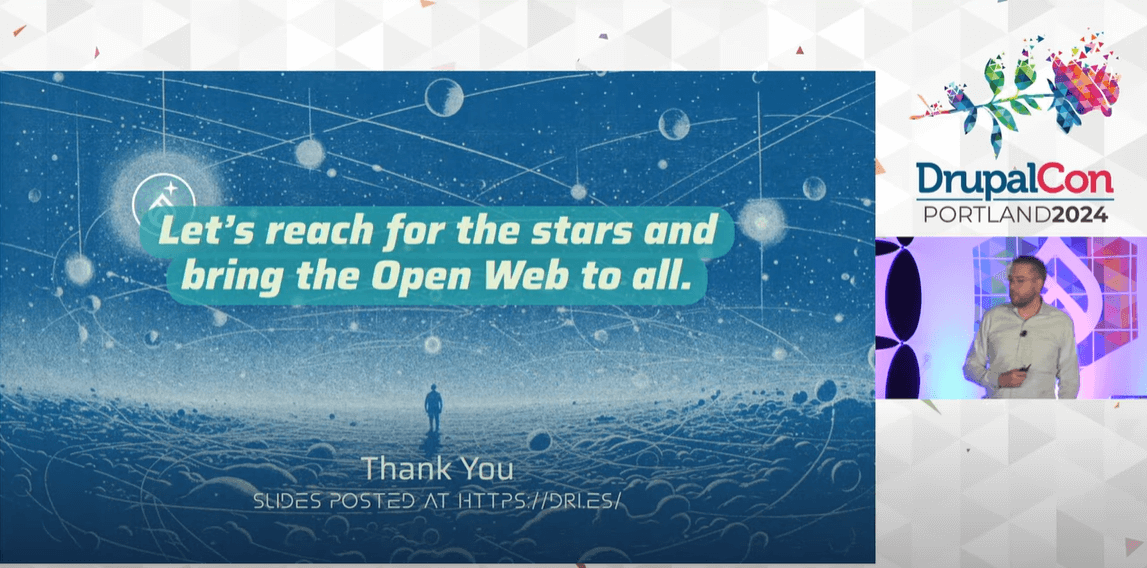 A slide with a quote by Dries about reaching the stars and bringing the Open Web to all.
