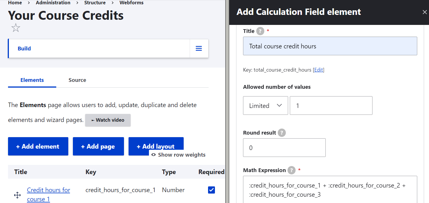 Specifying a math expression in a calculation field.