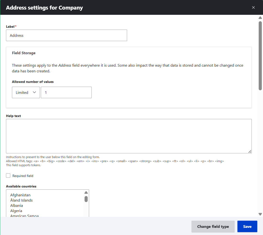 Specifying the name and the available countries for the address field in Drupal