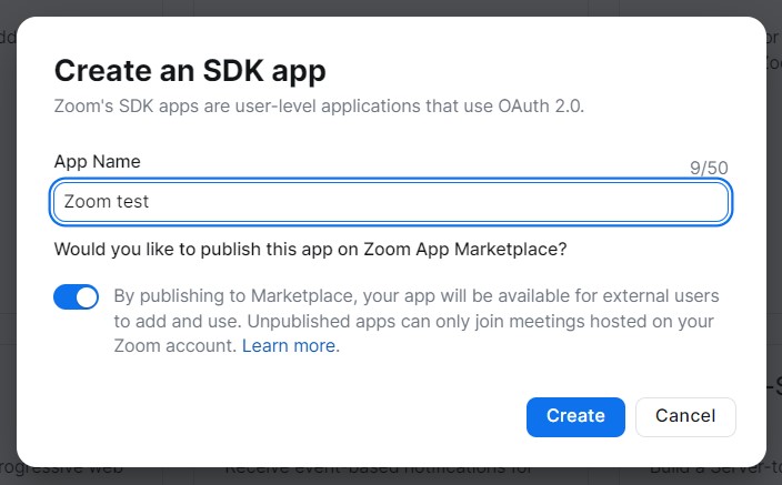 Specifying the Zoom app name and the published/unpublished status.