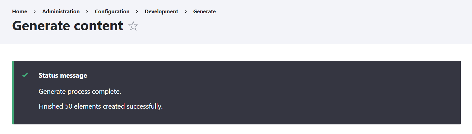 The status message about the completed dummy content generation by the Devel module in Drupal