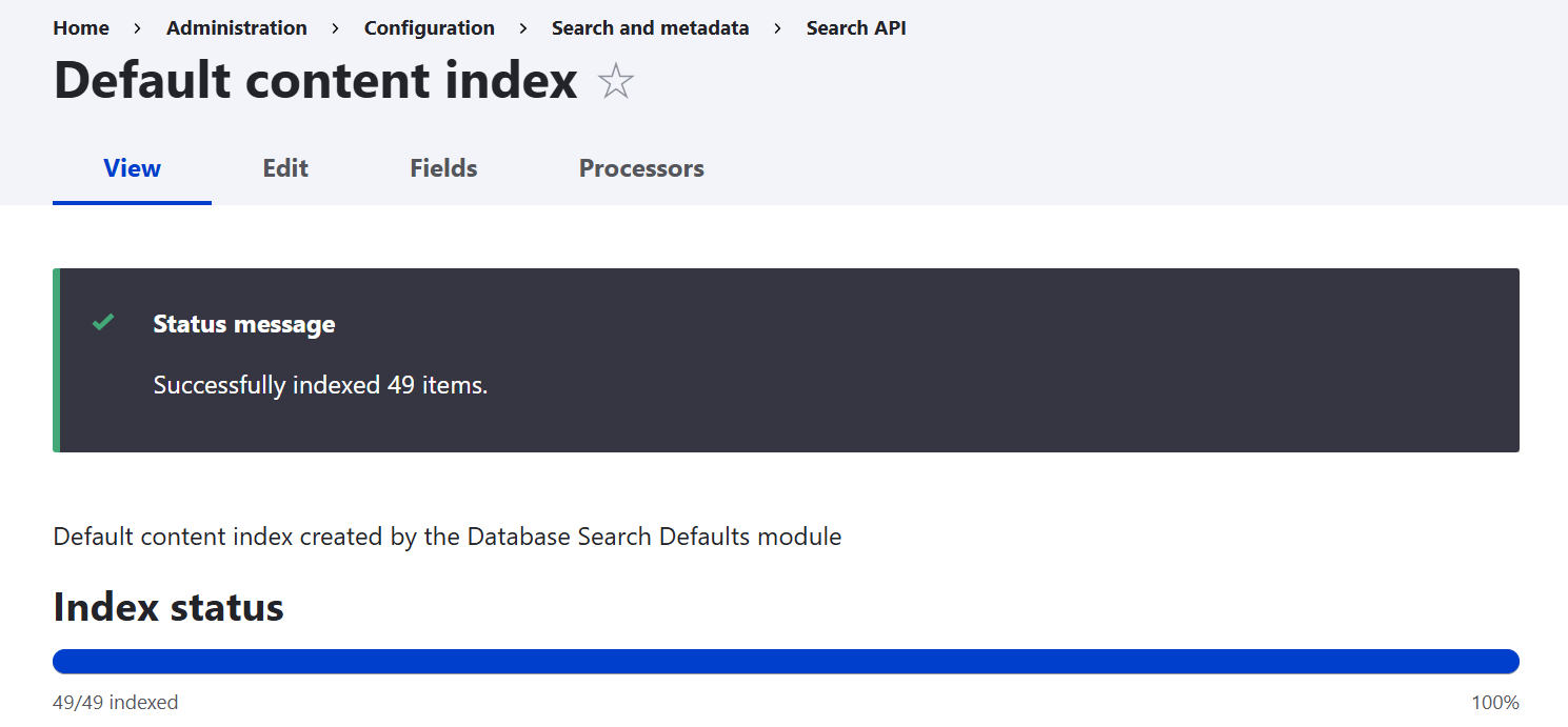 The status message about the completed indexing in Search API’s interface