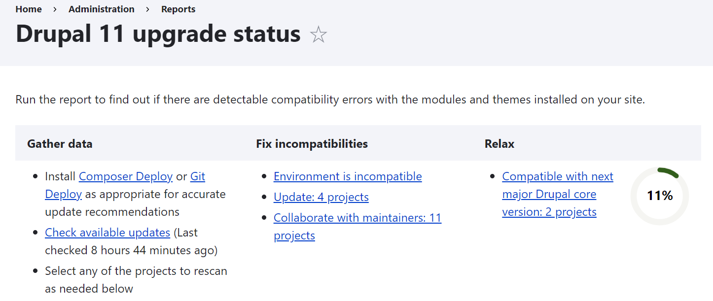 An example of a summary of a website’s readiness for Drupal 11 by the Upgrade Status module.