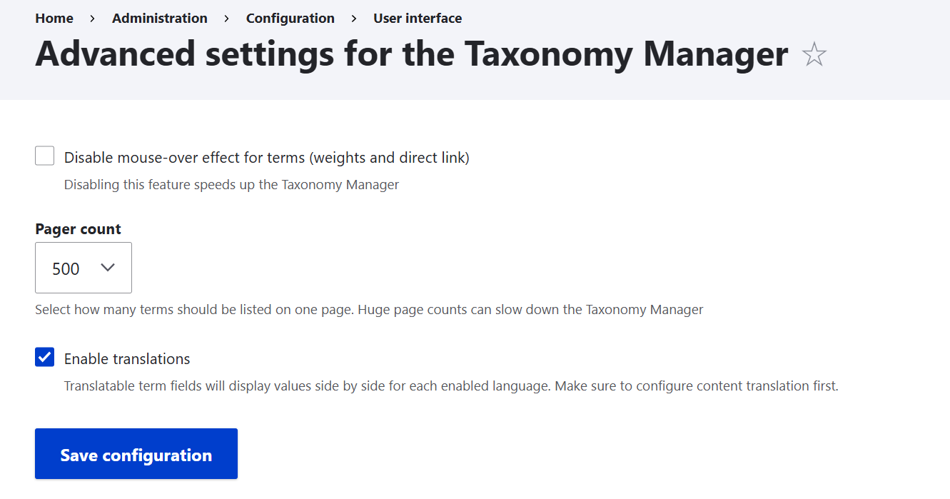 Taxonomy Manager module in Drupal: settings page