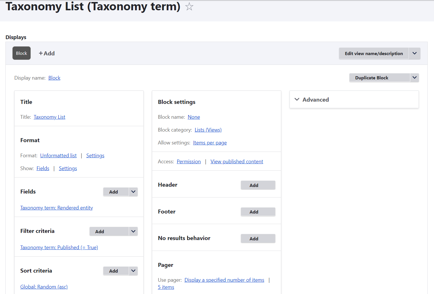 A taxonomy view with a “Rendered entity” field and random sorting.