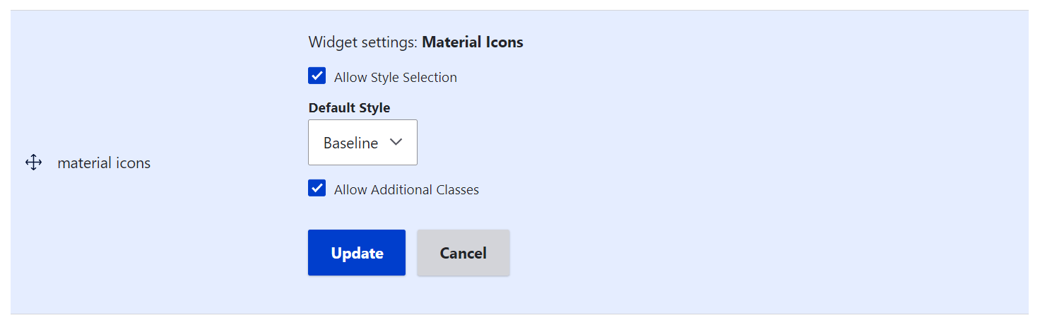 The Material Icons field widget settings.