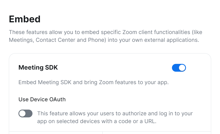 Toggling on the “Meeting SDK” option.