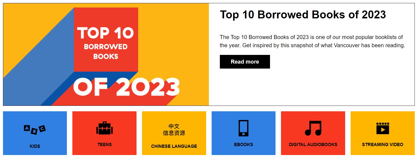 The “Top 10 Borrowed Books” section on Vancouver Public Library’s Drupal website.