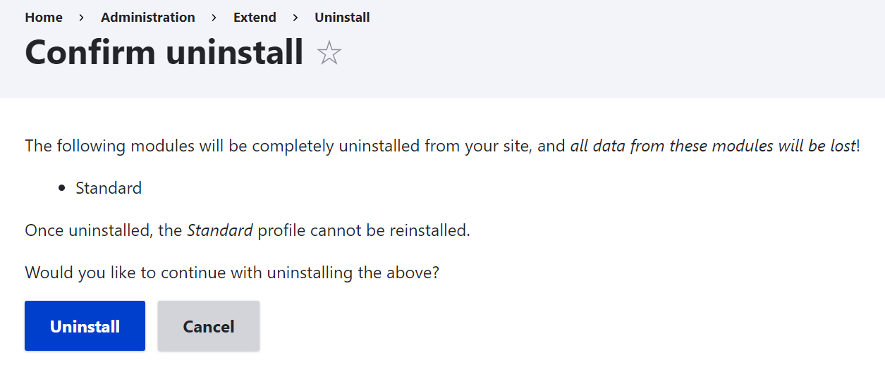 Uninstalling the Standard profile from the Extend tab in Drupal 10.3.