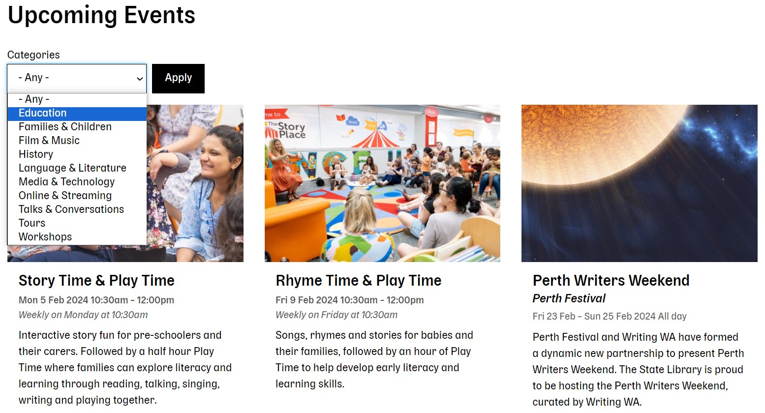 The “Upcoming Events” section with a filter by category on State Library of Western Australia’s Drupal website.