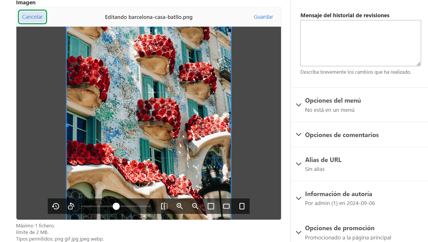 The Uppy tool in the Spanish version of a multilingual Drupal website