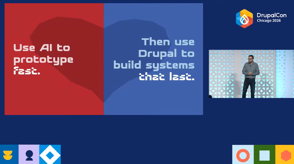 The tagline of the AI page building demo: “Use AI to prototype fast, then use Drupal to build systems that last.”