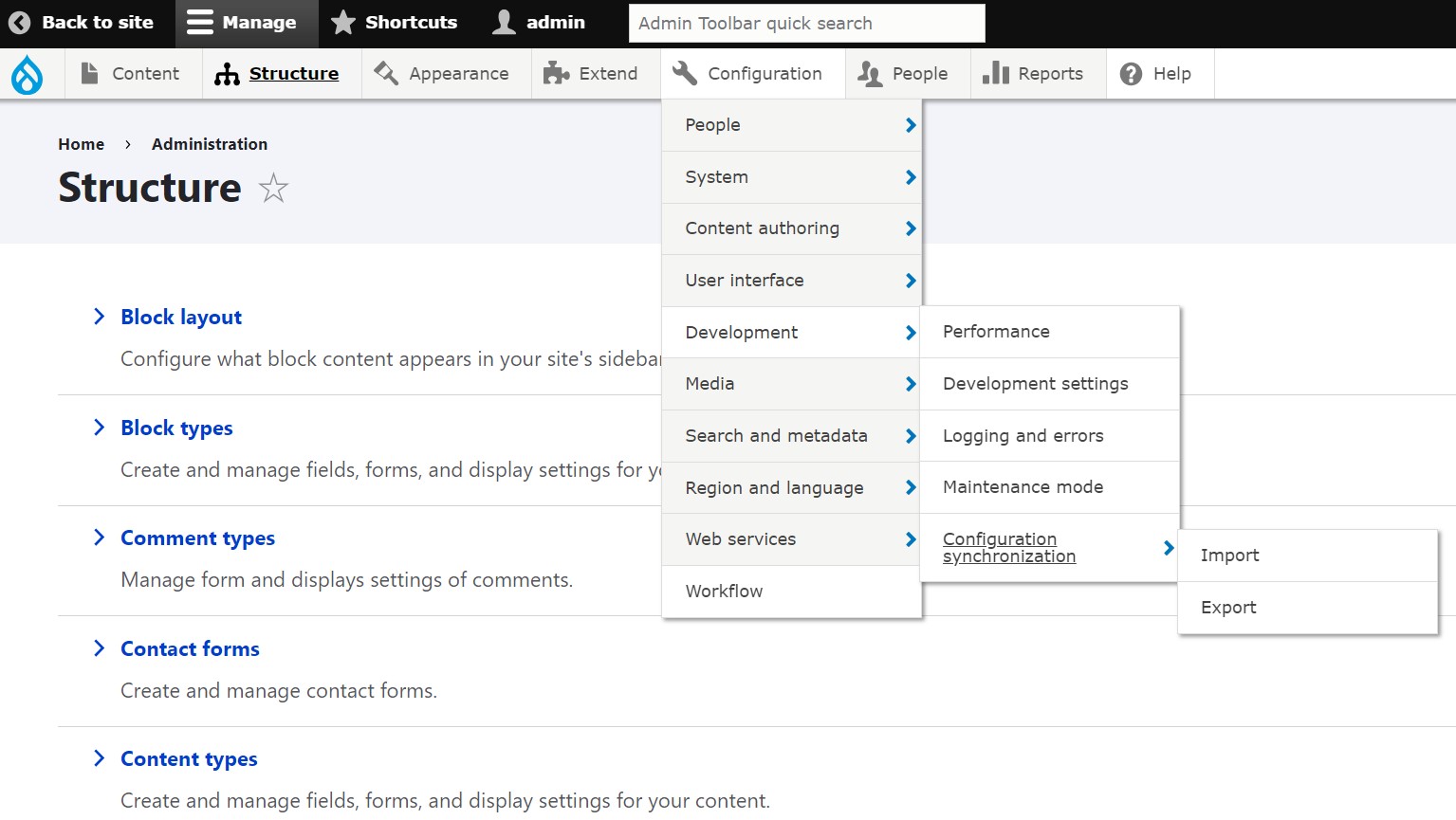 The user-friendly dropdown and search box provided by the Admin Toolbar module