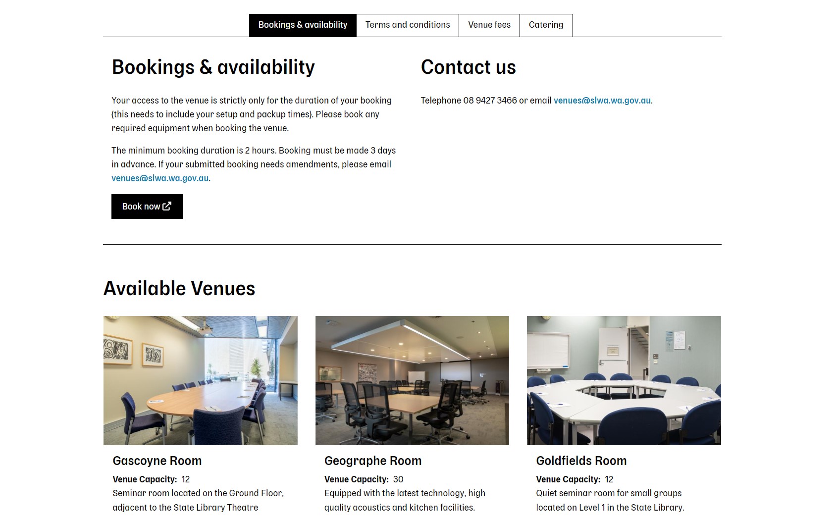 Venue reservations on State Library of Western Australia’s Drupal website.