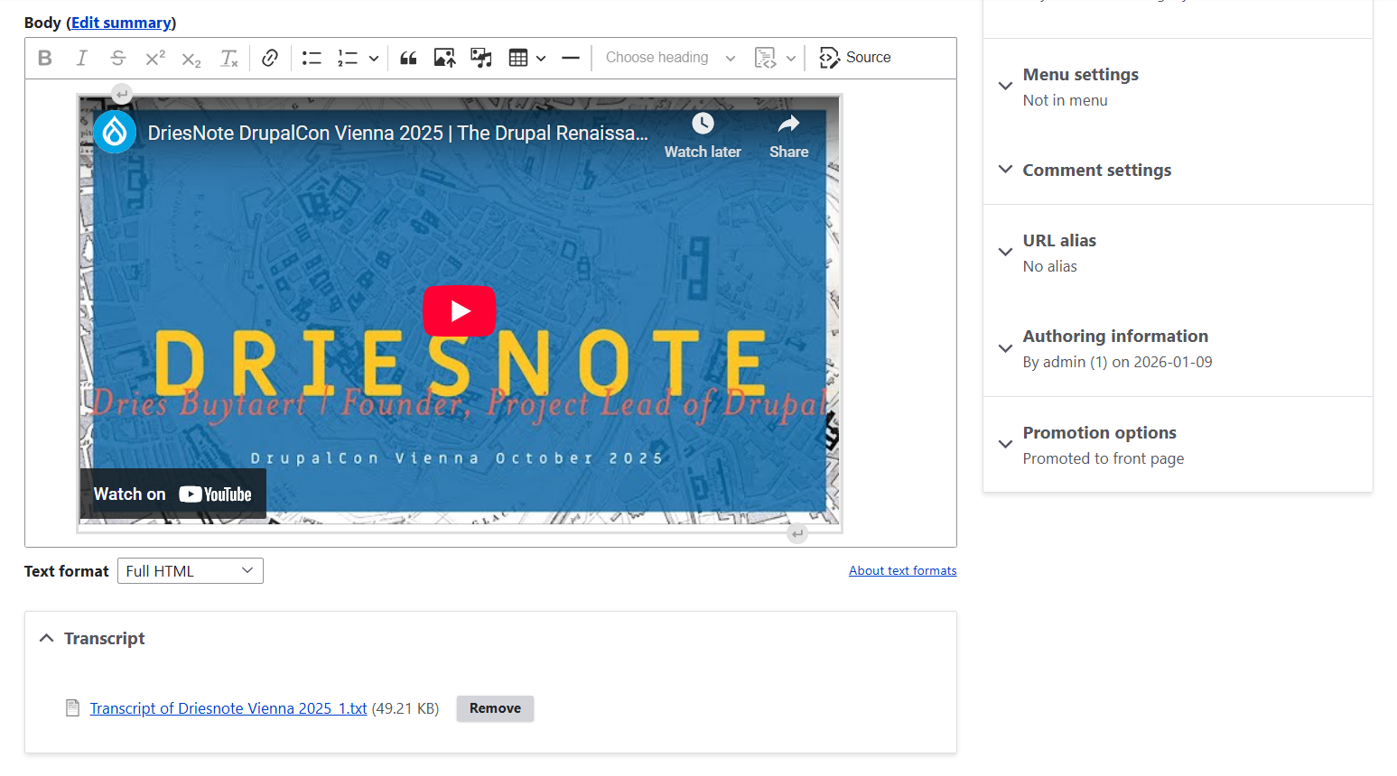 Adding a transcript to a video in Drupal