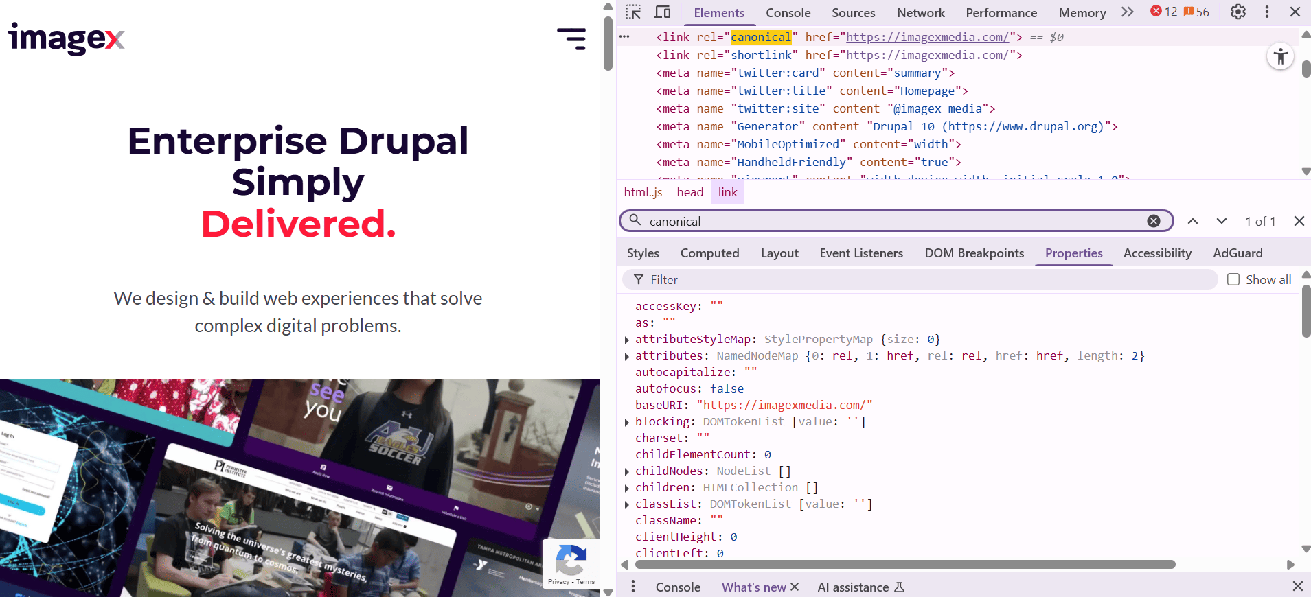 Viewing canonical tags in the page source of a Drupal web page