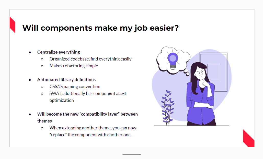 A slide from our internal workshop about how SDC should make a developer’s job easier.