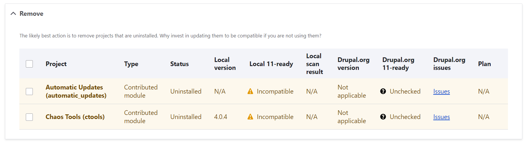 The “Remove” section in the Upgrade Status module’s report.