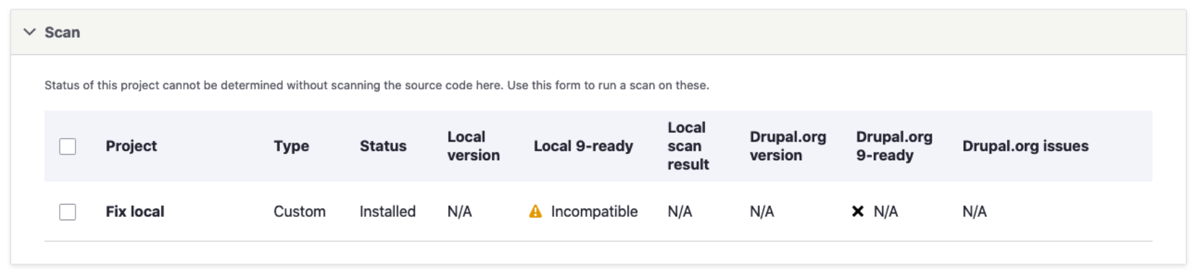 The “Scan” section in the Upgrade Status module’s report.