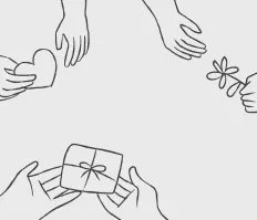 Drawing of hands holding a gift, a heart and a flower