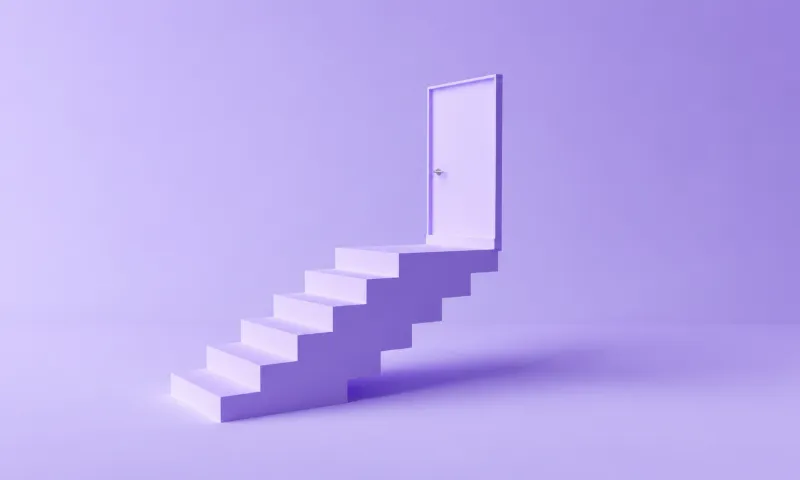 A minimalist light purple 3D staircase leading upward to a closed door against a soft purple background.