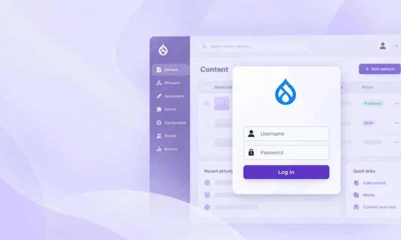 Drupal login form with username and password fields and a purple “Log in” button over a blurred admin dashboard.