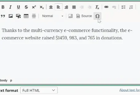 A GIF on adding special characters in CKEditor 4