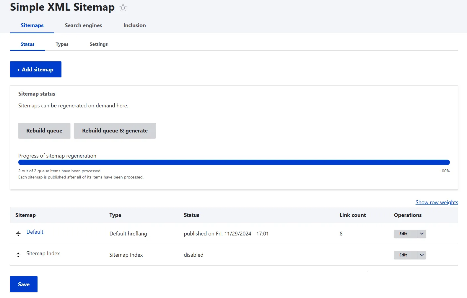 main page managing sitemaps simple xml sitemap module
