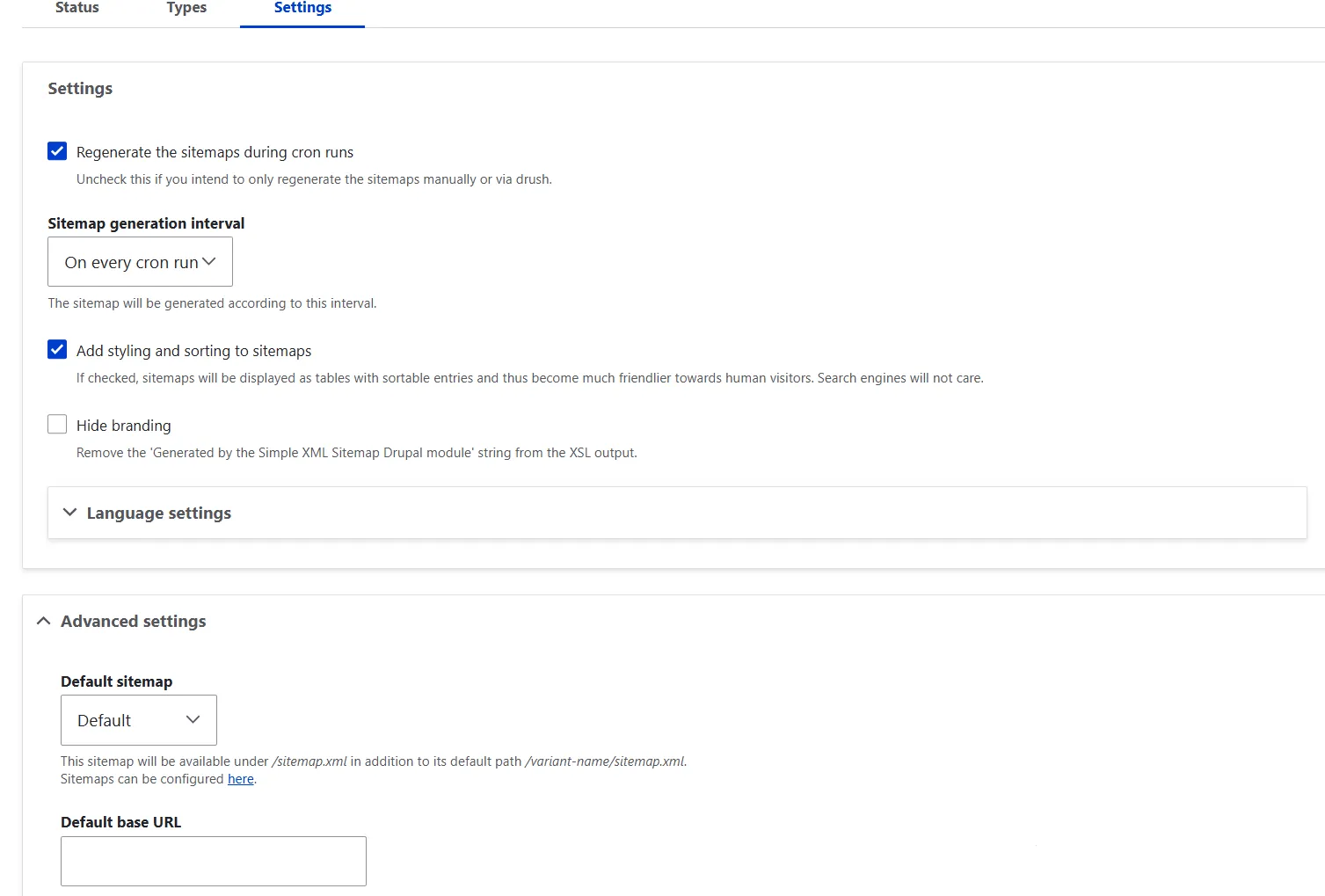 Settings tab drupal sitemaps