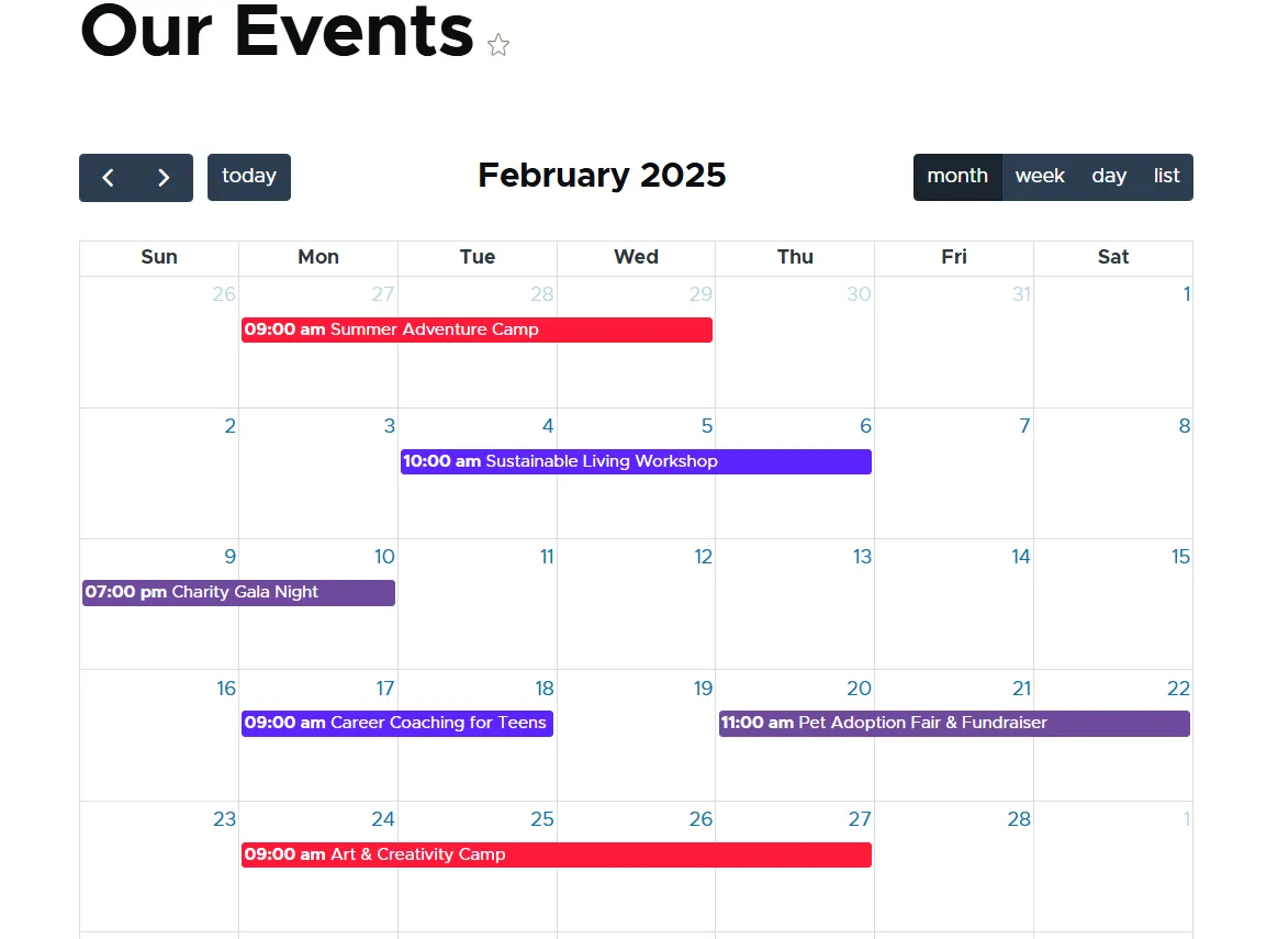 An example of an event calendar for a nonprofit Drupal website