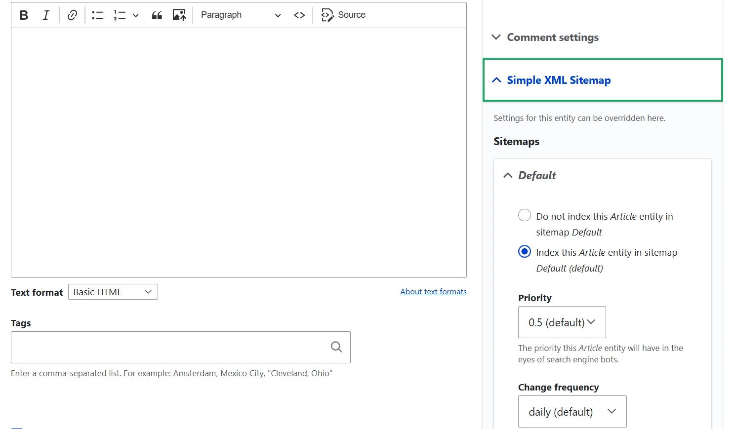 sitemap settings specific drupal content items